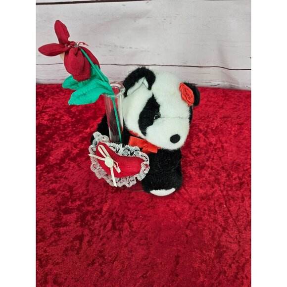 Little Panda With Red Valentine's Day Plush With Attached Vase And Flower - Picture 3 of 10